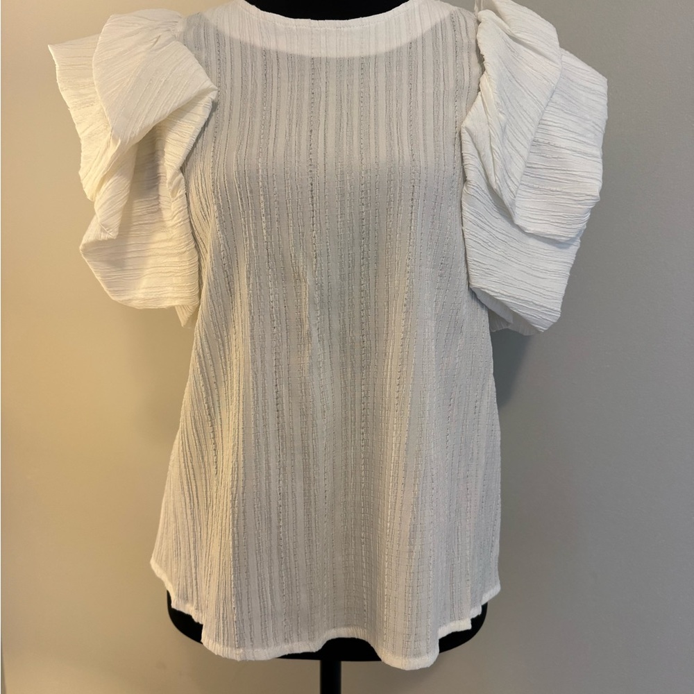 THML Elegant White Ruffle Sleeve Top NWT